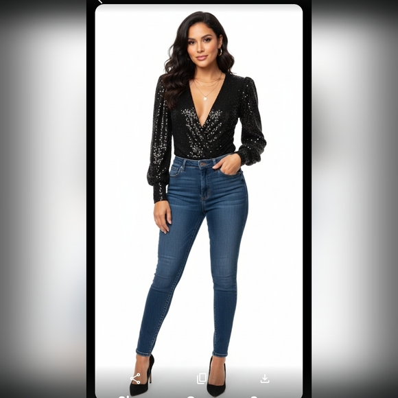 Black Sequin V-Neck Bodysuit Top - Picture 10 of 11